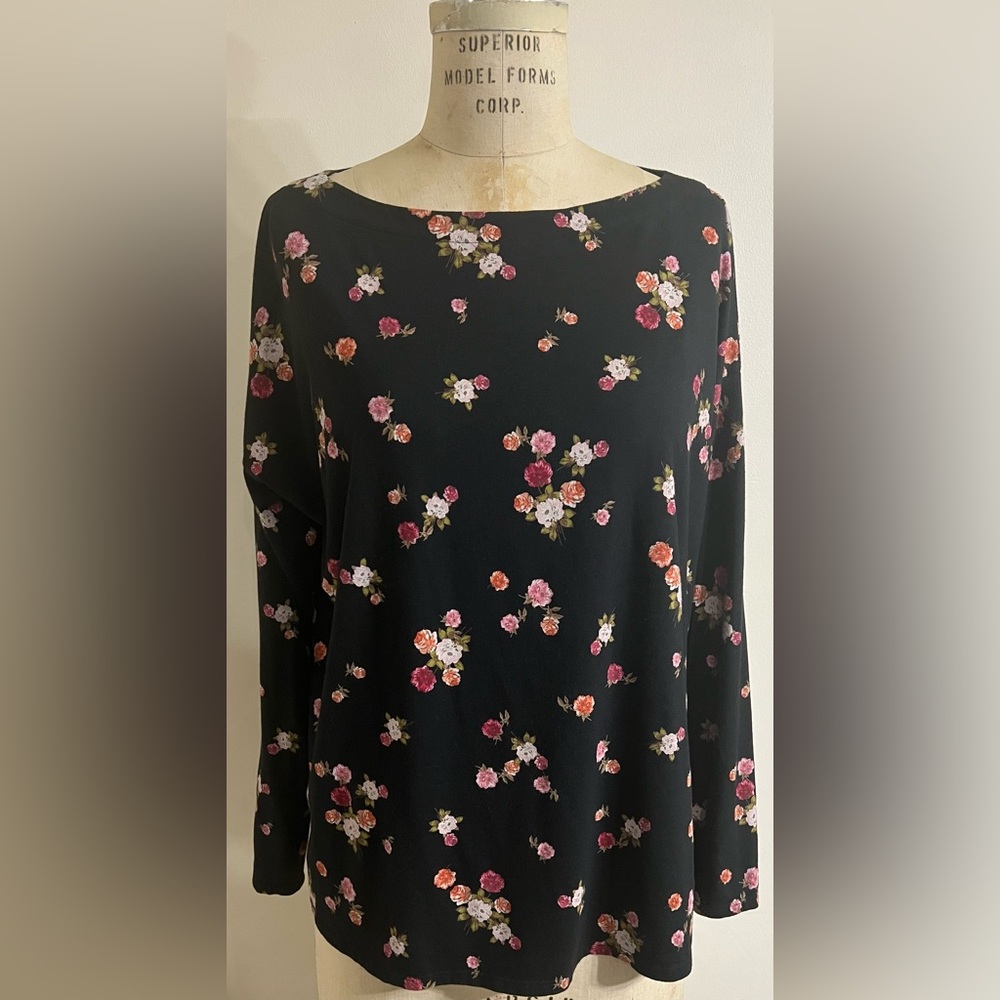 J Jill Women Black Floral Long Sleeve Luxe Supima Boat Neck Knit Tee Size XL